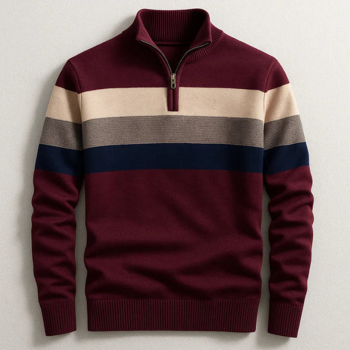 Dark Red Chest-Stripe Quarter Zip Sweater front view