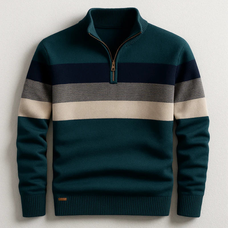 Dark Green Chest-Stripe Quarter Zip Sweater front view