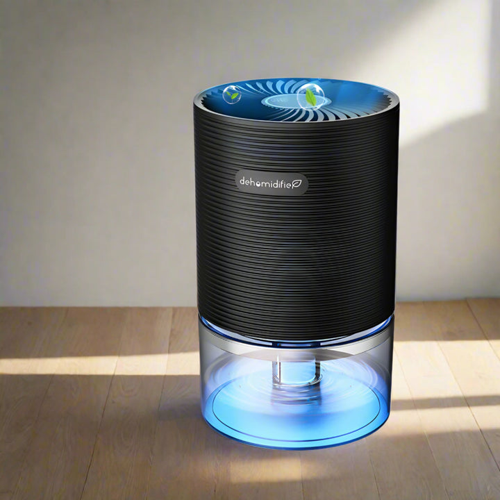 Black Quiet Mini Dehumidifier front view with lit tank