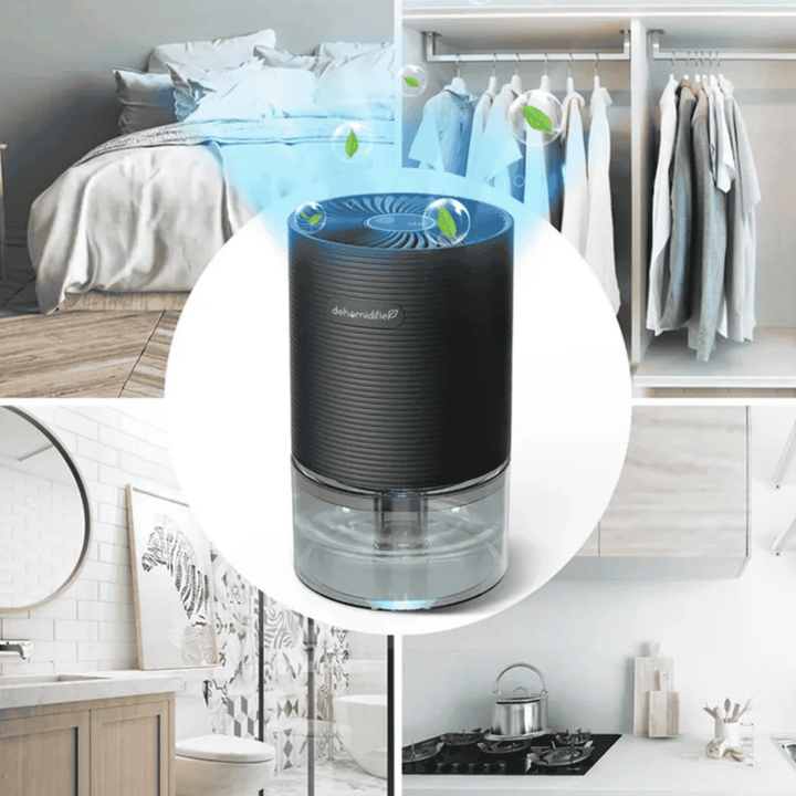 Quiet Mini Dehumidifier in bathroom and closet settings
