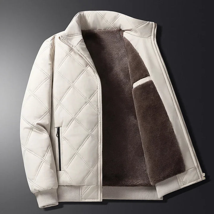 Beige Quilted Bomber Jacket open front lining view