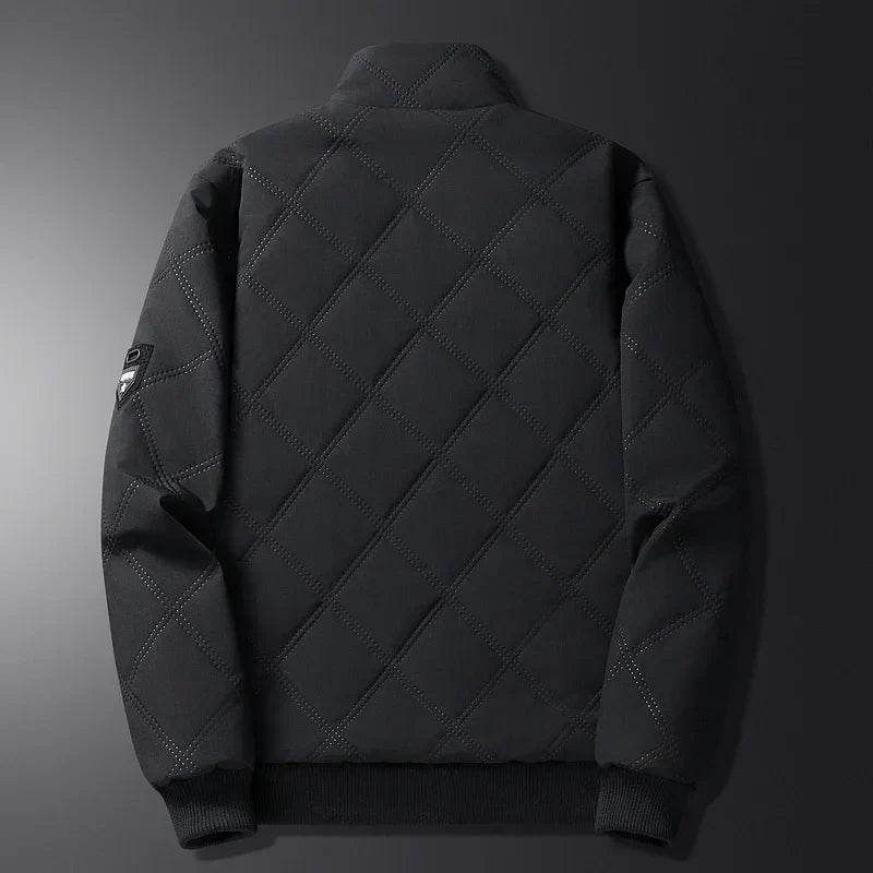 Black Quilted Bomber Jacket front view zipped