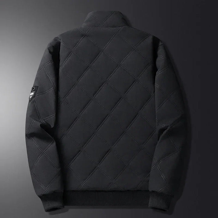 Black Quilted Bomber Jacket front view zipped