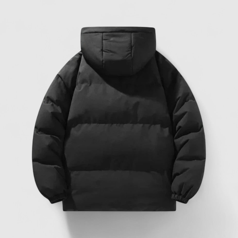 Black Quilted Puffer Jacket with Detachable Hood back view