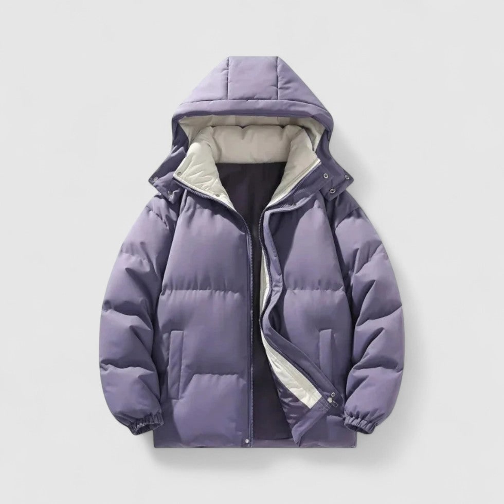 Purple Quilted Puffer Jacket with Detachable Hood front view