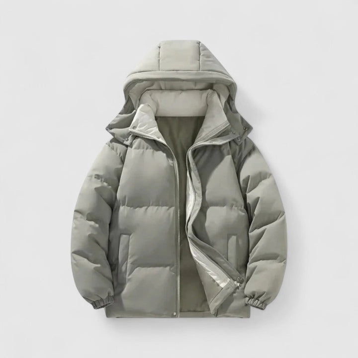 Green Quilted Puffer Jacket with Detachable Hood front view
