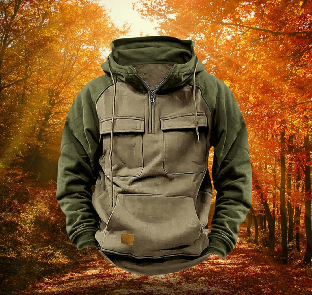 Khaki Raglan-Sleeve Quarter Zip Hoodie