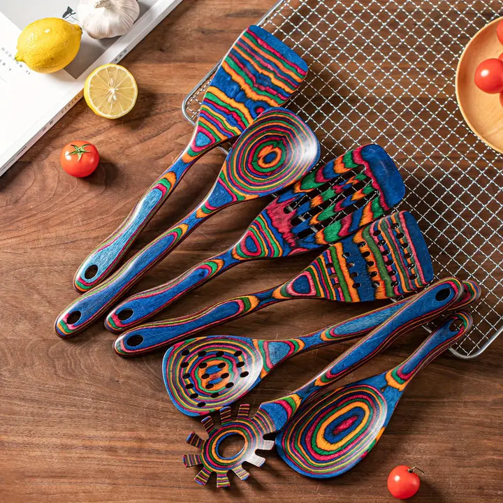 Rainbow Pakkawood Utensil Set lifestyle kitchen setting