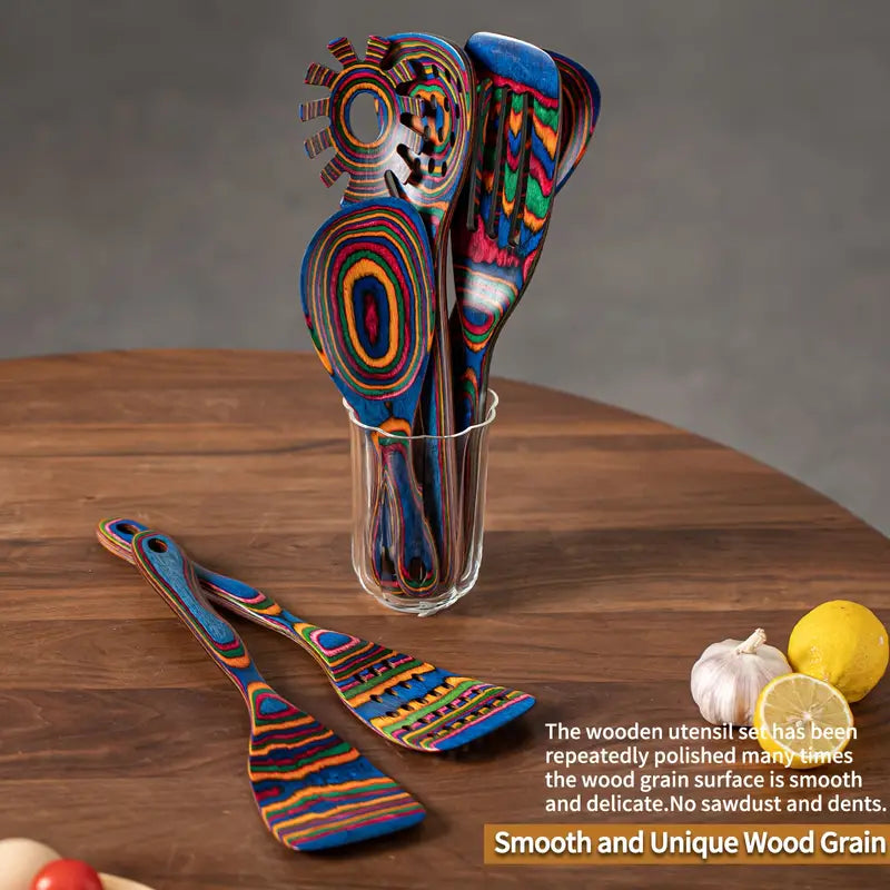 Rainbow Pakkawood Utensil Set in glass jar close-up