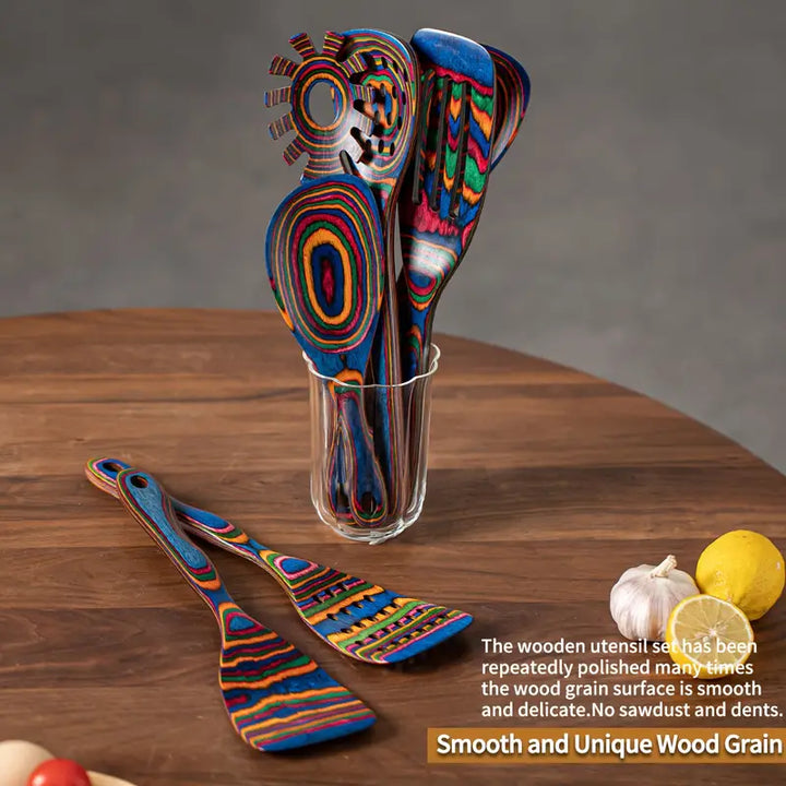 Rainbow Pakkawood Utensil Set in glass jar close-up