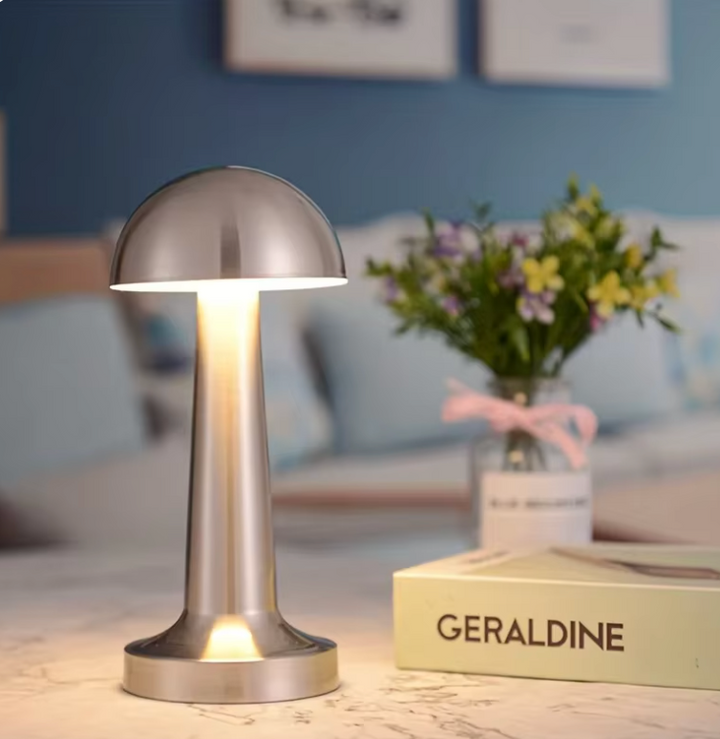 Silver Rechargeable Cordless Mushroom Table Lamp lit lifestyle