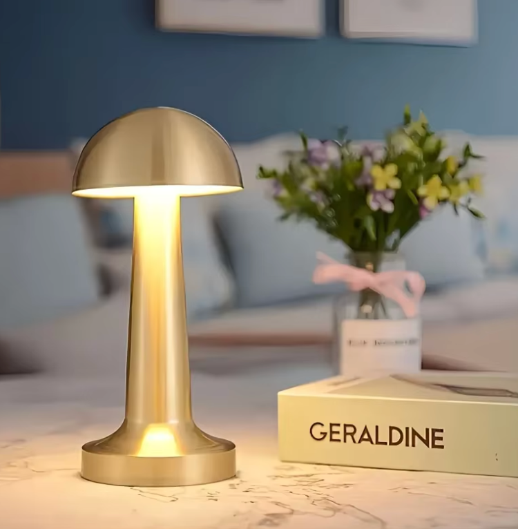 Gold Rechargeable Cordless Mushroom Table Lamp lit lifestyle