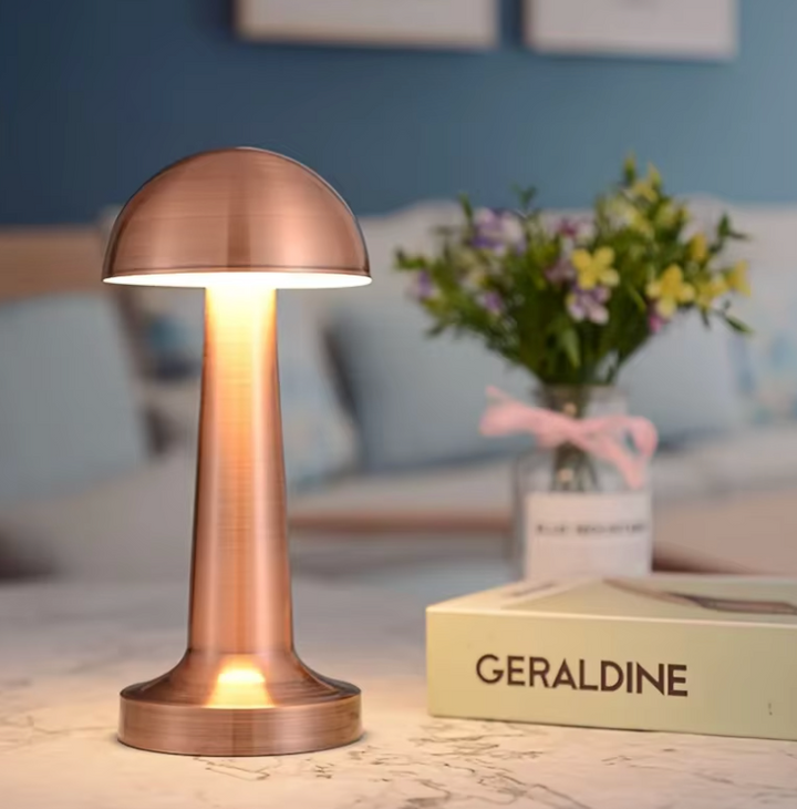 Rose Gold Rechargeable Cordless Mushroom Table Lamp lit lifestyle
