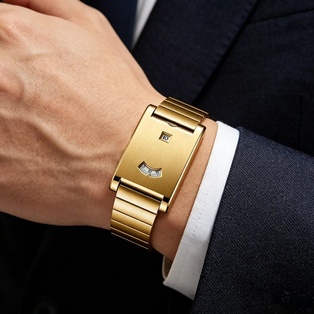 Gold Rectangular Stainless Steel Link Watch worn on wrist