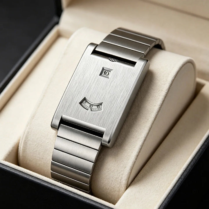 Silver Rectangular Stainless Steel Link Watch in presentation box