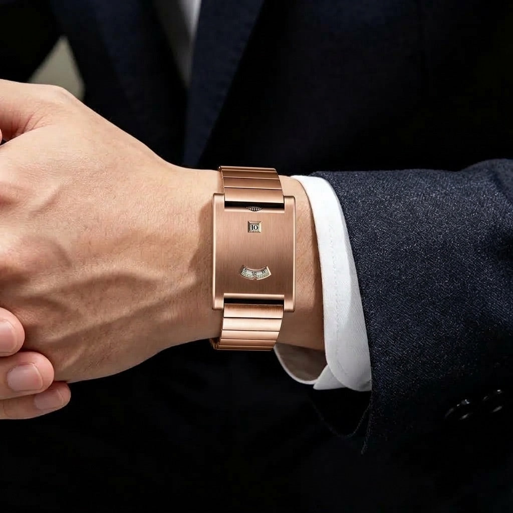 Rose Gold Rectangular Stainless Steel Link Watch worn on wrist
