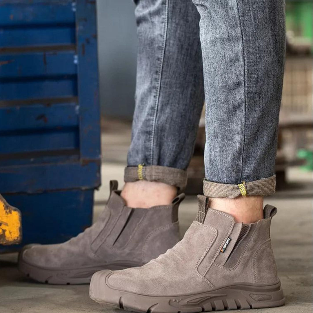 Reinforced-Toe Slip-On Work Boots worn on site