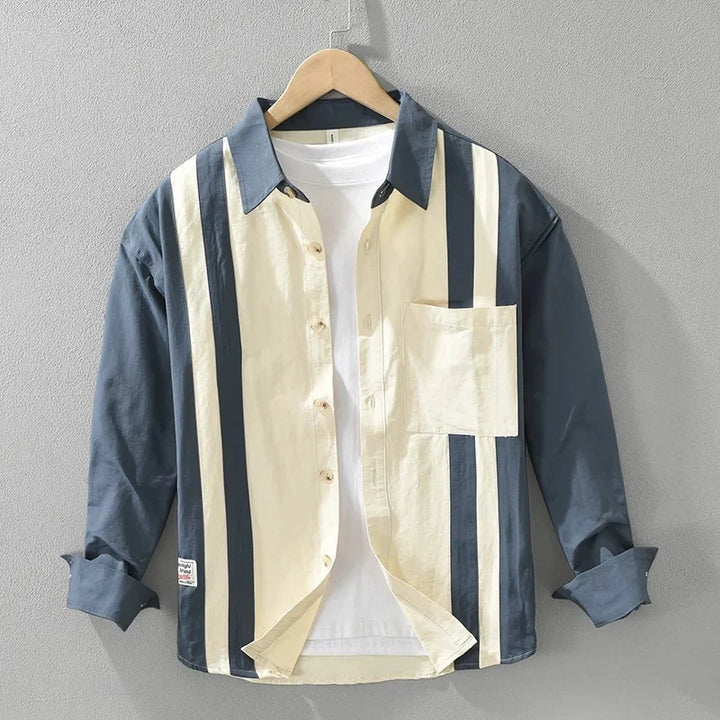 Blue Bold Stripe Button-Front Shirt on hanger front view