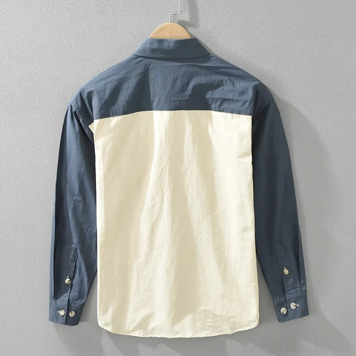 Blue Bold Stripe Button-Front Shirt on hanger back view