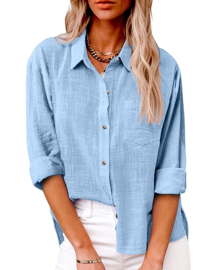 Light Blue Relaxed Button-Up Shirt worn front view