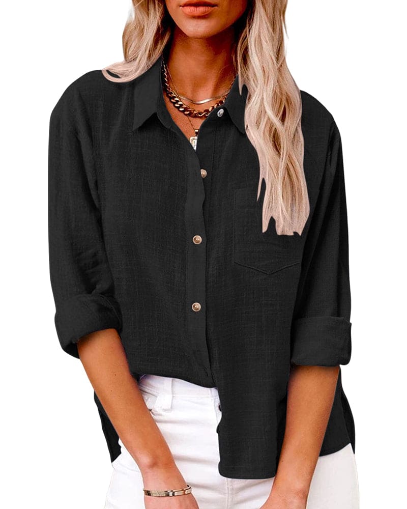 Black Relaxed Button-Up Shirt worn front view