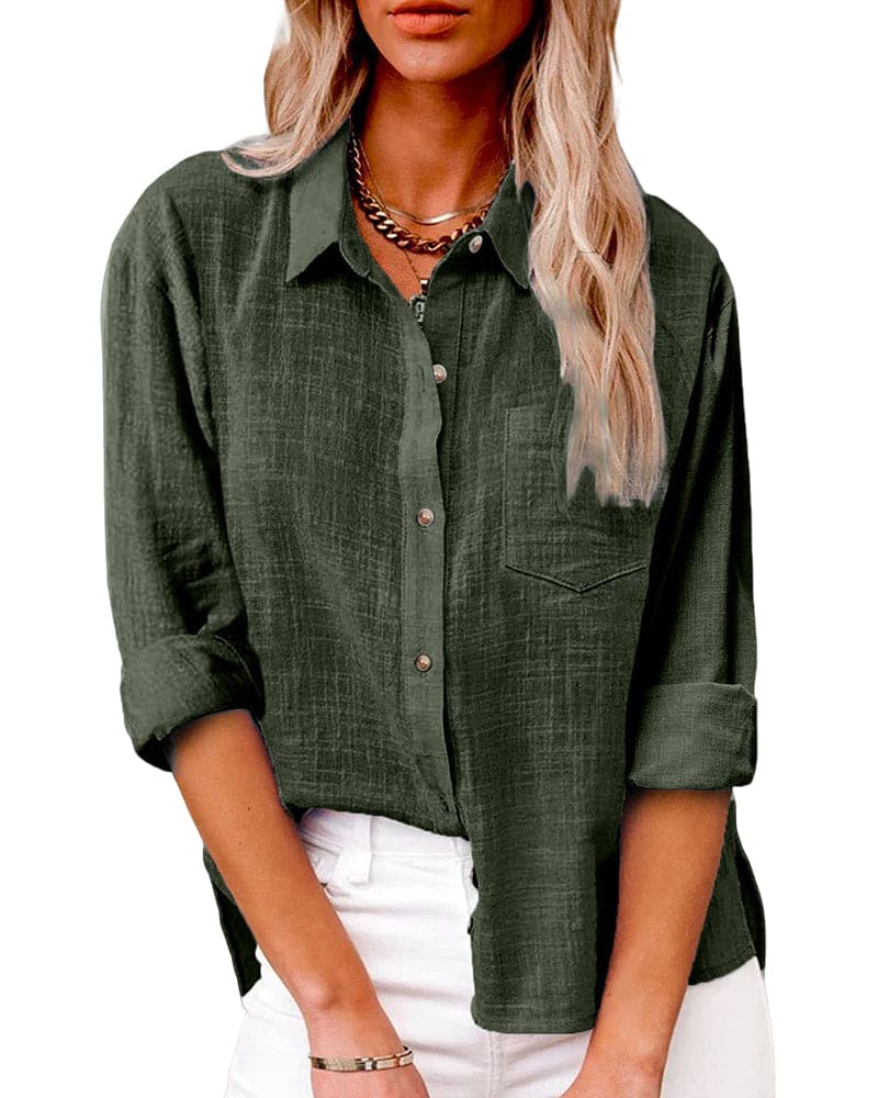 Olive Green Relaxed Button-Up Shirt worn front view