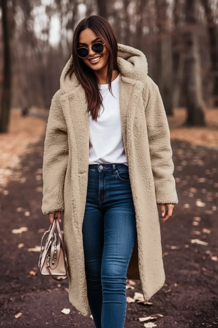 Beige Plush Hooded Overcoat worn front view
