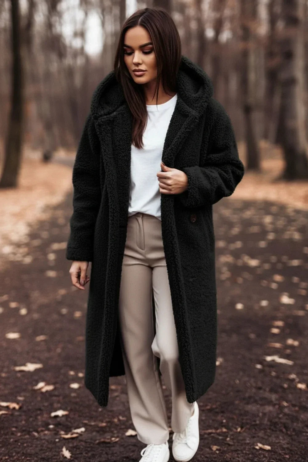Black Plush Hooded Overcoat worn front view