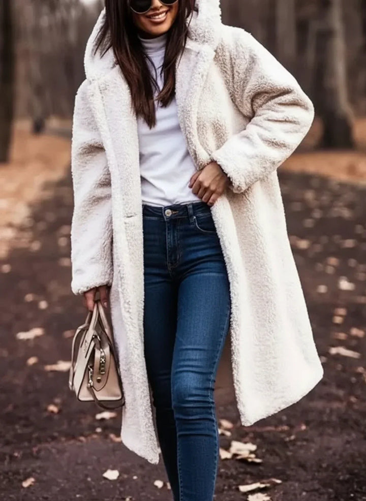 White Plush Hooded Overcoat worn front view