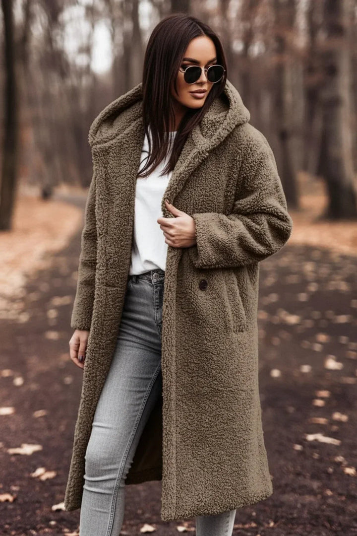 Khaki Plush Hooded Overcoat worn front view
