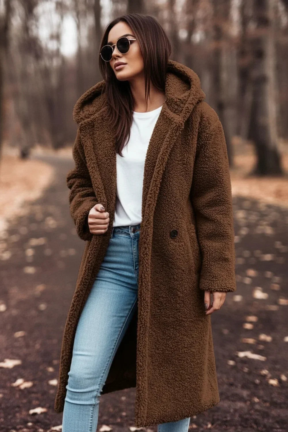 Brown Plush Hooded Overcoat worn front view