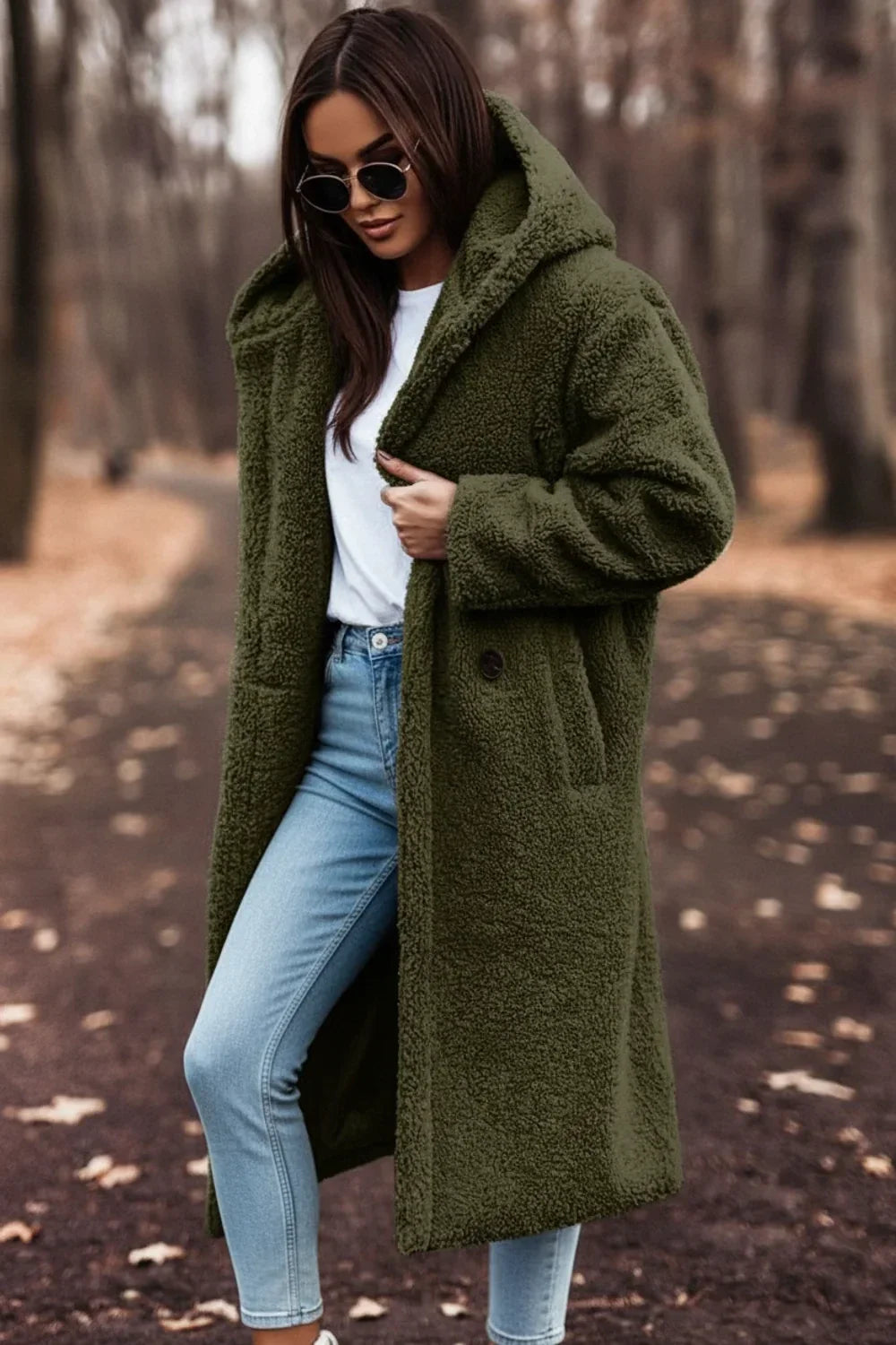 Green Plush Hooded Overcoat worn front view