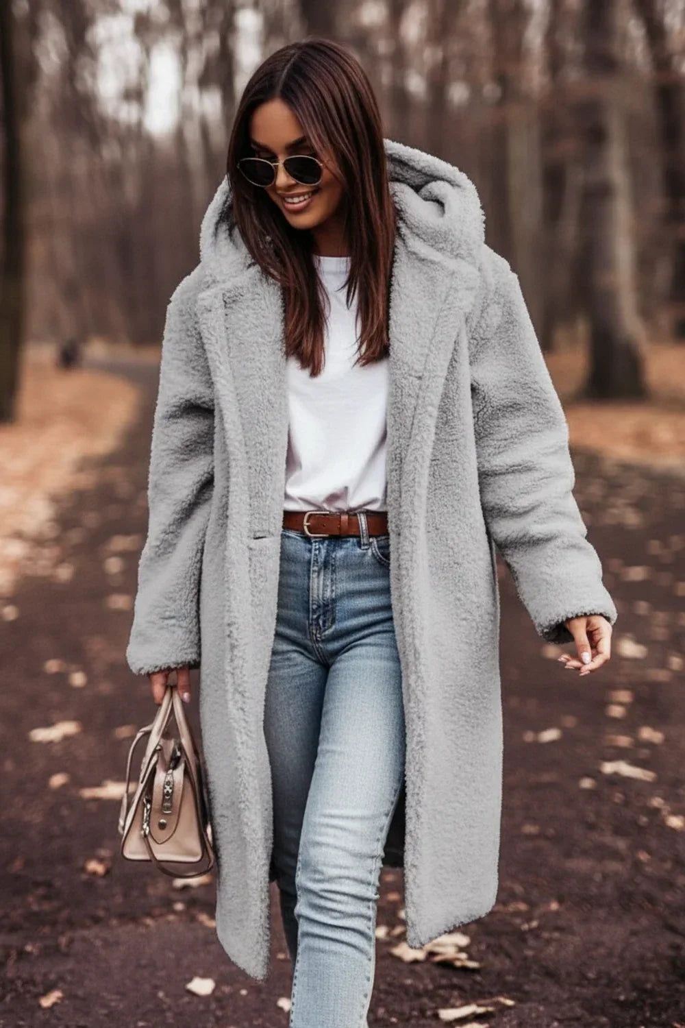 Grey Plush Hooded Overcoat worn front view