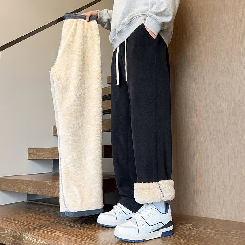 Black Relaxed Fleece Lounge Pants front view with lining shown