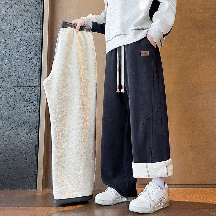 Dark Blue Relaxed Fleece Sweatpants side view with lining shown
