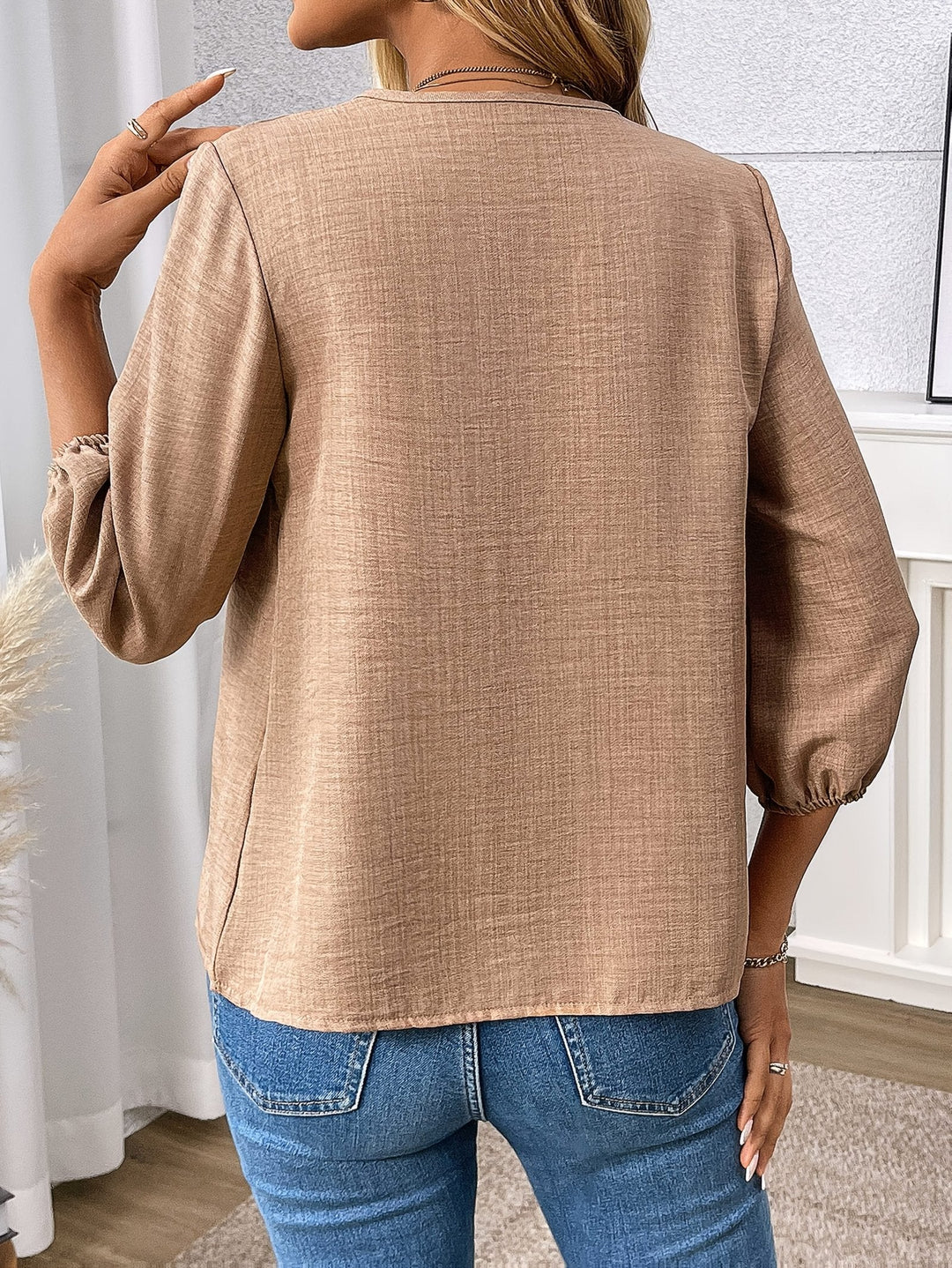 Khaki Relaxed V-Neck Blouse back view