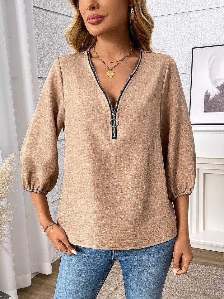 Khaki Relaxed V-Neck Blouse front view standing