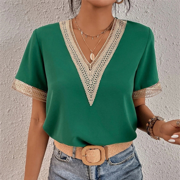 Green Relaxed V-Neck Crochet-Trim Tee on-model front view