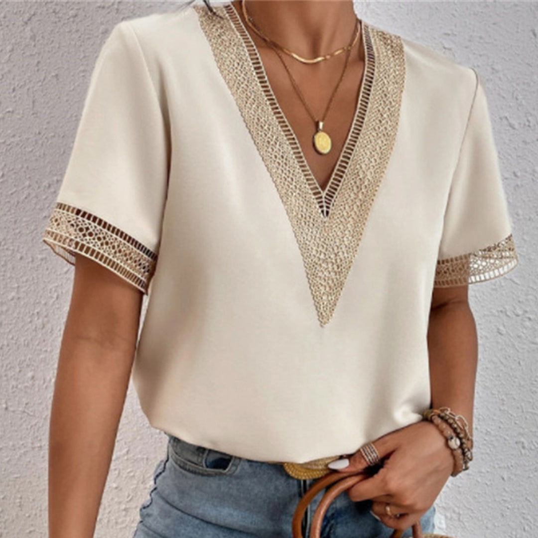 Beige Relaxed V-Neck Crochet-Trim Tee on-model front view