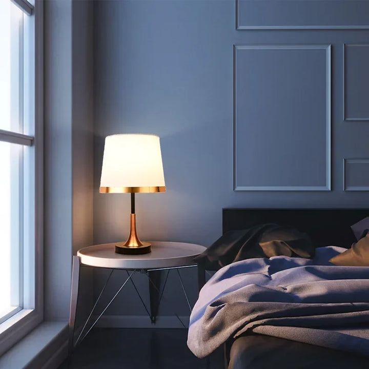 White Retro Brass Table Lamp trumpet base bedside lifestyle