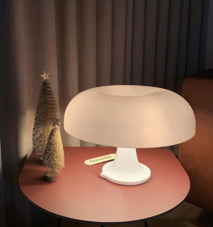 White Retro Mushroom Table Lamp on side table