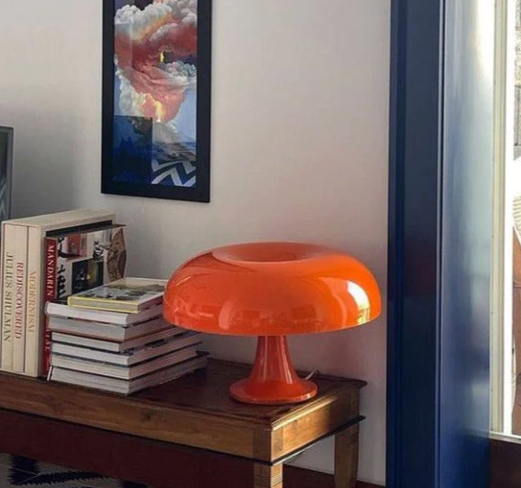 Orange Retro Mushroom Table Lamp on bookshelf