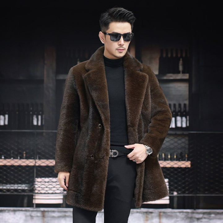 Reversible faux fur coat with lapel collar, product view 1