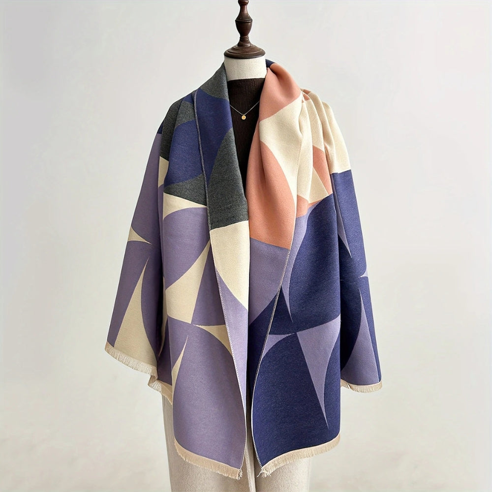 Lavender and navy Reversible Geometric Poncho Blanket Scarf draped on mannequin