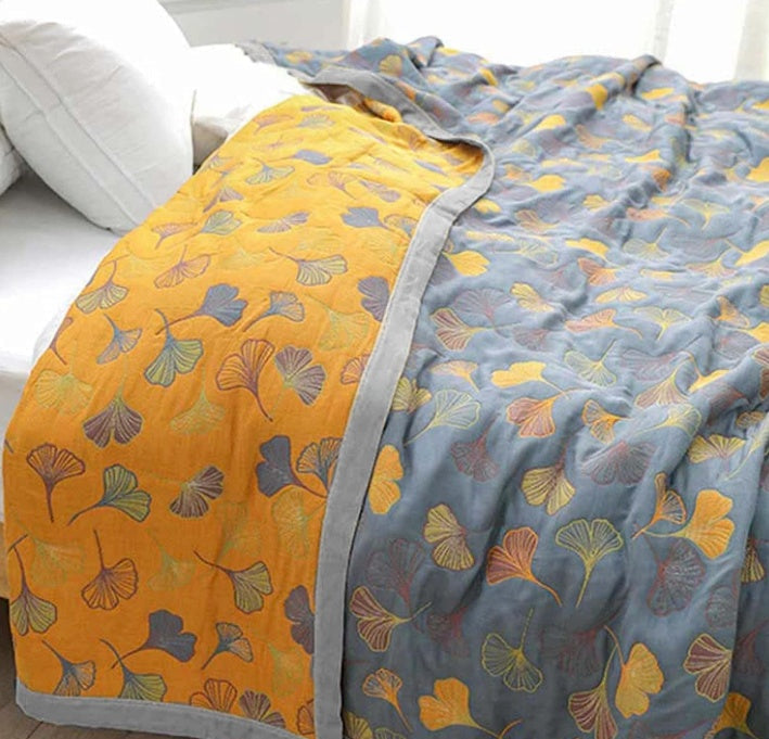 Reversible Ginkgo Cotton Gauze Throw showing both reversible faces