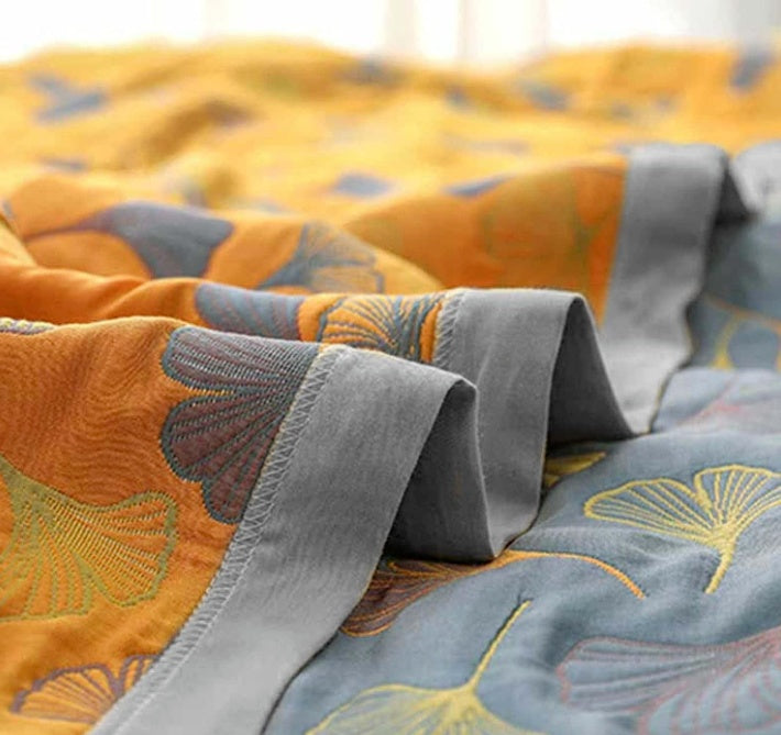 Reversible Ginkgo Cotton Gauze Throw gauze weave and edge detail