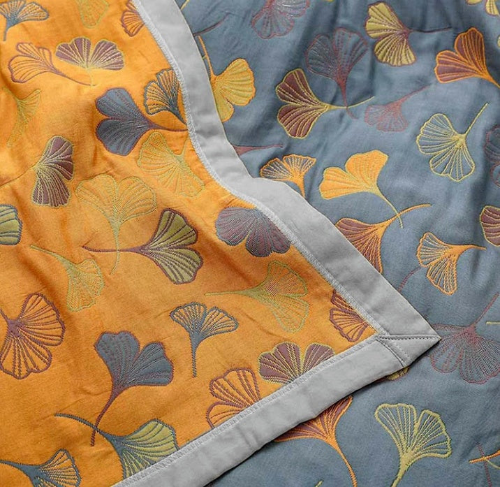 Reversible Ginkgo Cotton Gauze Throw ginkgo leaf print close-up