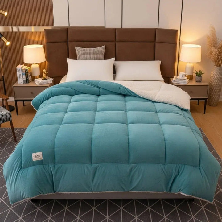 Lake Blue Reversible Velvet Quilted Comforter on bed front view