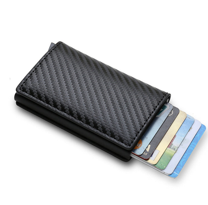 Carbon RFID-Blocking Pop-Up Card Wallet with cards fanned out