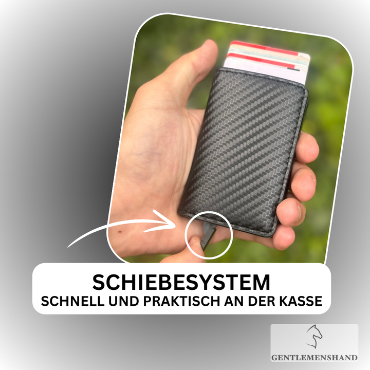 RFID-Blocking Pop-Up Card Wallet slide mechanism in hand